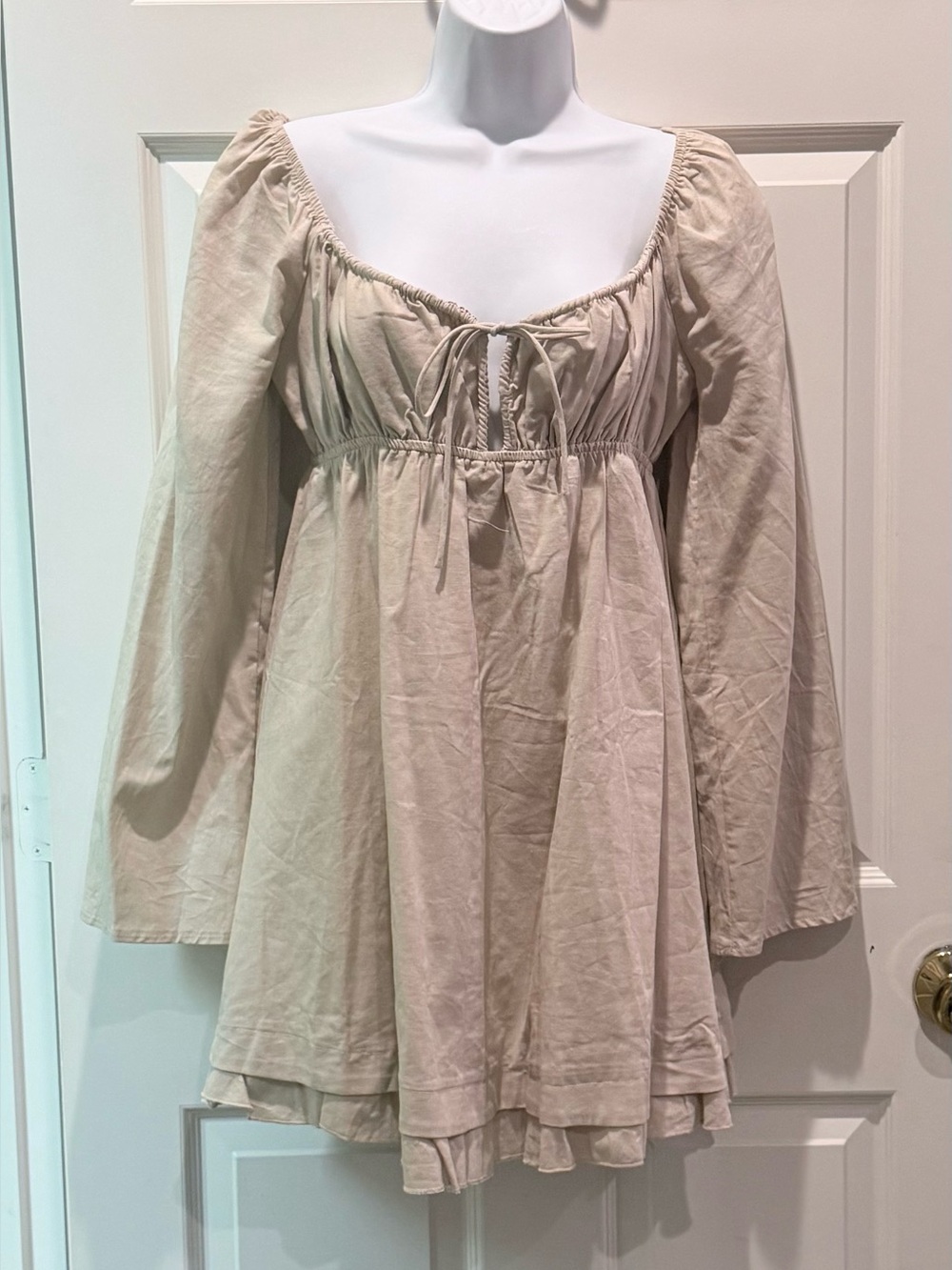 Beige Long-Sleeve Peasant Mini Dress with Tie Front - Picture 1 of 7